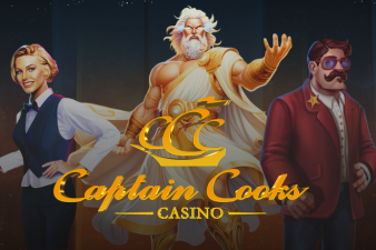 Captain Cooks Casino logo in the middle, female dealer on the left, Zeus in the middle, male in maroon suit on the right, all behind casino logo