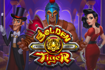 Golden Tiger Casino logo in the middle, magician on the left, gladiator in the middle, brunette in a red dress on the right, all behind casino logo